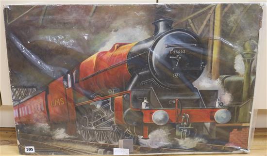 F. Honicke, oil on board, LMS locomotive The Kolnapur, signed, 19 x 29.5in., unframed, English School after 8 x 10in.